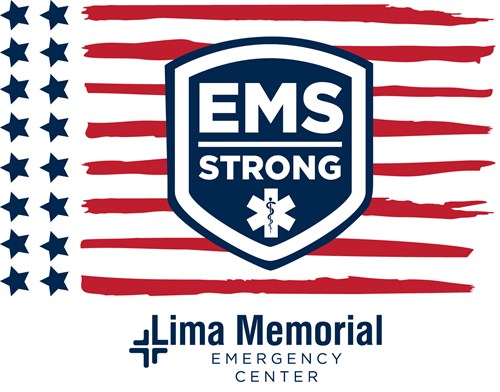 EMS Strong emblem on top of abstract american flag with Lima Memorial Health Center Emergency Center logo